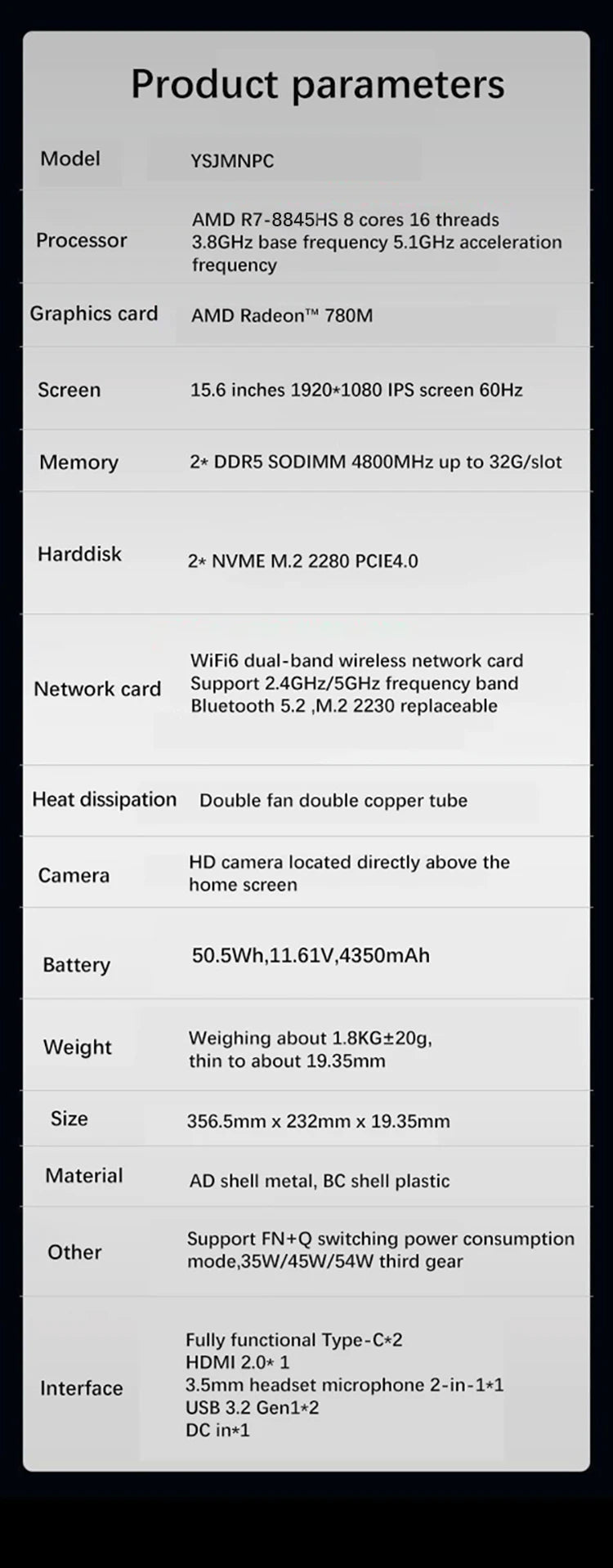 YSJMNPC New 15.6 Inch Gaming Laptop AMD Ryzen7 8845HS 2*DDR5 MAX 64GB Support 5600MHz 2*M.2 Nvme SSD Windows11 WIFI 6