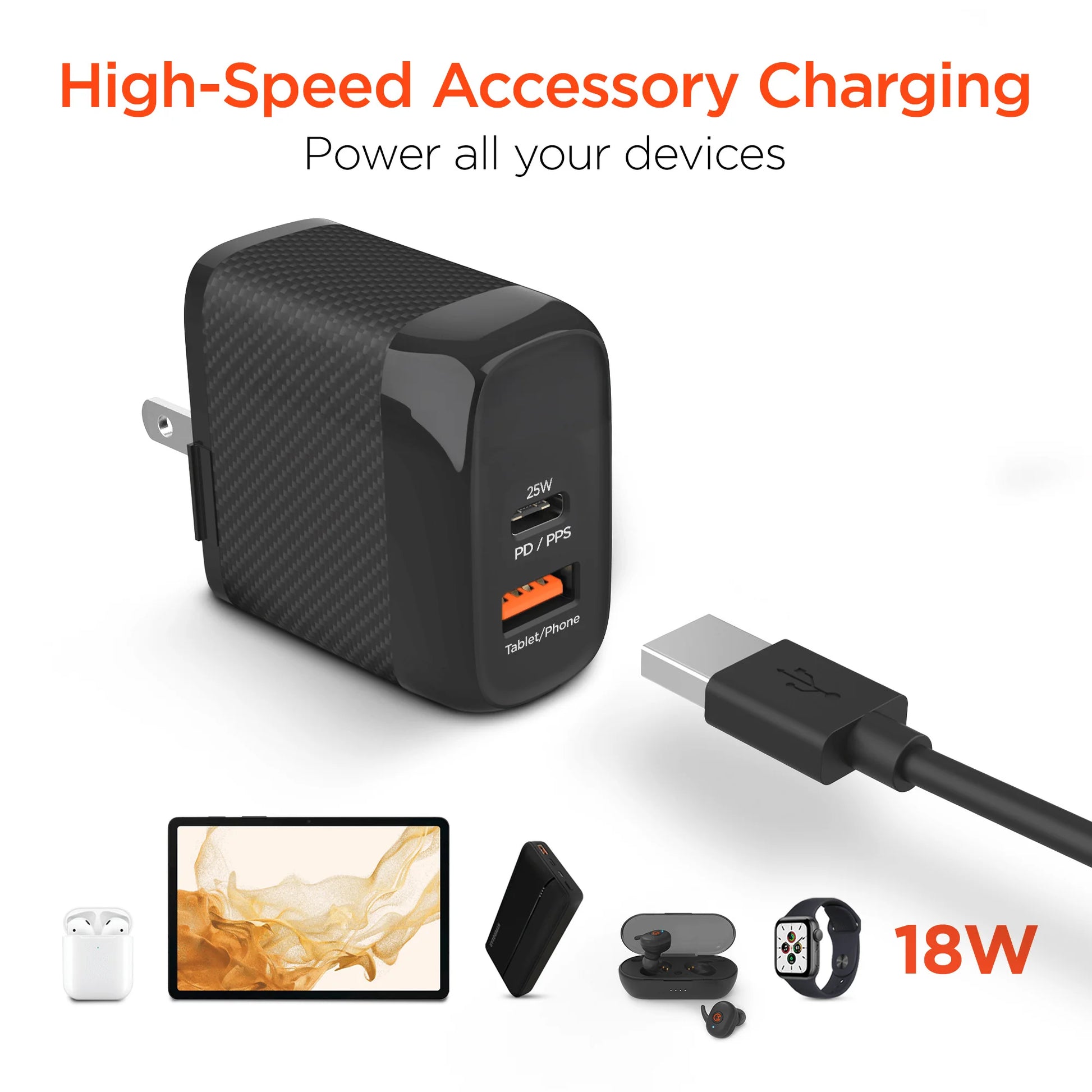 Hypergear Speedboost 25W USB-C PD + 12W USB Fast Wall Charger with PPS and 6Ft USB-C Cable