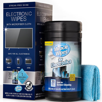 Miraclewipes for Electronics Cleaning - Screen Wipes Designed for TV, Phones, Monitors and More - Includes Microfiber Towel - (30 Count)