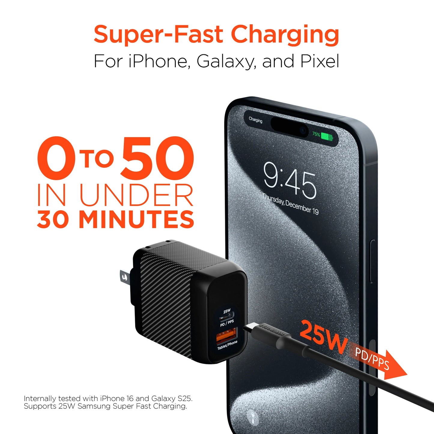 Hypergear Speedboost 25W USB-C PD + 12W USB Fast Wall Charger with PPS and 6Ft USB-C Cable