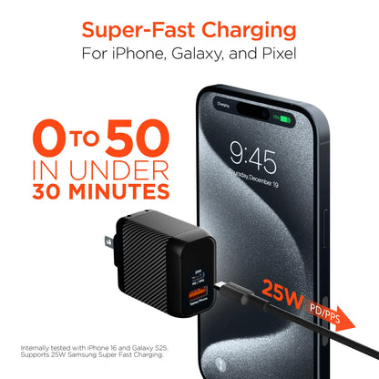 Hypergear Speedboost 25W USB-C PD + 12W USB Fast Wall Charger with PPS and 6Ft USB-C Cable