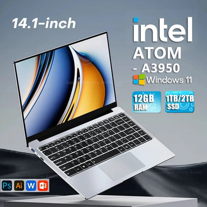 2025 Laptop Computer Windows 11 Notebook 14.1 Inch Intel Atom A3950 12GB 512GB 1920*1080 Resolution Office Study PC computer
