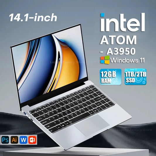 2025 Laptop Computer Windows 11 Notebook 14.1 Inch Intel Atom A3950 12GB 512GB 1920*1080 Resolution Office Study PC computer