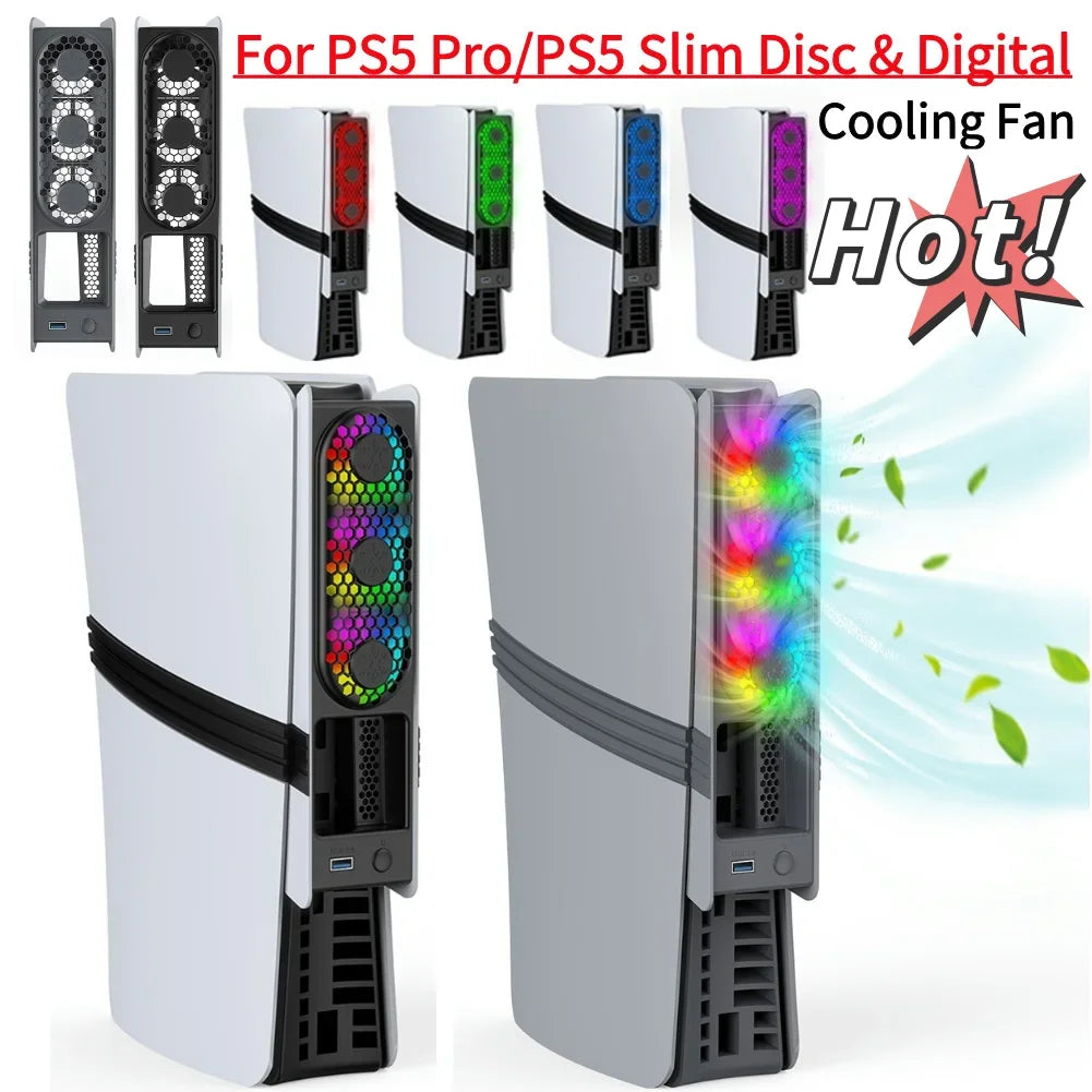 RGB Light Cooling Fan For PS5 Pro/PS5 Slim Console Quiet Cooling System with USB Port For PS 5 Pro/Slim Disc & Digital Edition
