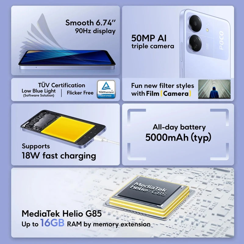 Global Version POCO C65 MediaTek Helio G85 6.74" Dot Drop Display 50MP Camera 5000mAh Large Battery 3.5mm headphone jack