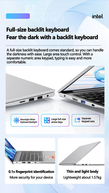 17.3 inch Intel N5095/N95 Office Laptop 32GB RAM 2TB SSD  Fingerprint Print DDR4 Window11 Backlit Keypad Portable Notebook PC