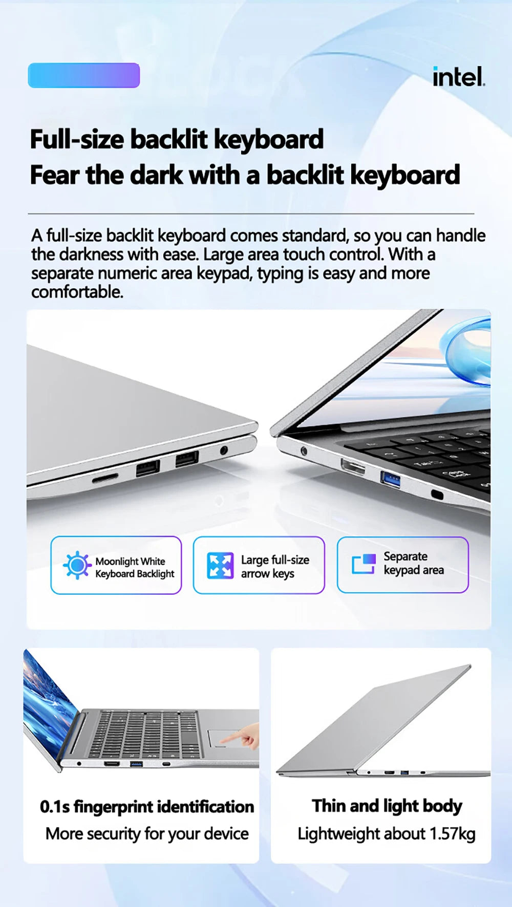 17.3 inch Intel N5095/N95 Office Laptop 32GB RAM 2TB SSD  Fingerprint Print DDR4 Window11 Backlit Keypad Portable Notebook PC