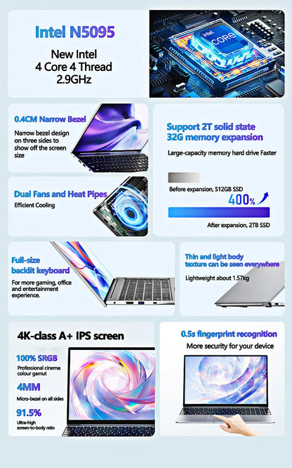 17.3 inch Intel N5095/N95 Office Laptop 32GB RAM 2TB SSD  Fingerprint Print DDR4 Window11 Backlit Keypad Portable Notebook PC