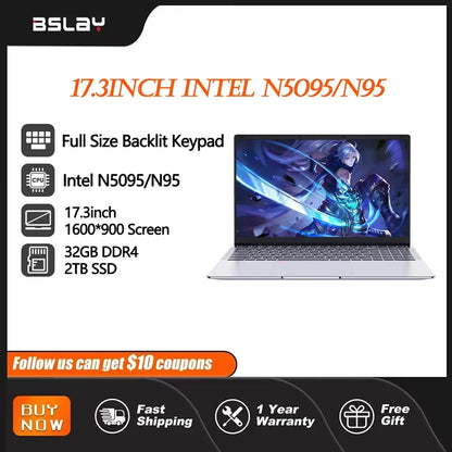 17.3 inch Intel N5095/N95 Office Laptop 32GB RAM 2TB SSD  Fingerprint Print DDR4 Window11 Backlit Keypad Portable Notebook PC