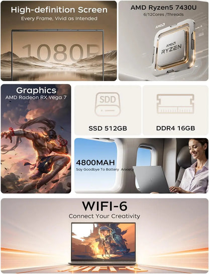 ACEMAGIC Laptop 15.6inch FHD Laptop AMD Ryzen 5 7430U 16GB RAM 512GB SSD Windows 11 Pro Notebook 180° Flip Computer Wifi6 BT5.2