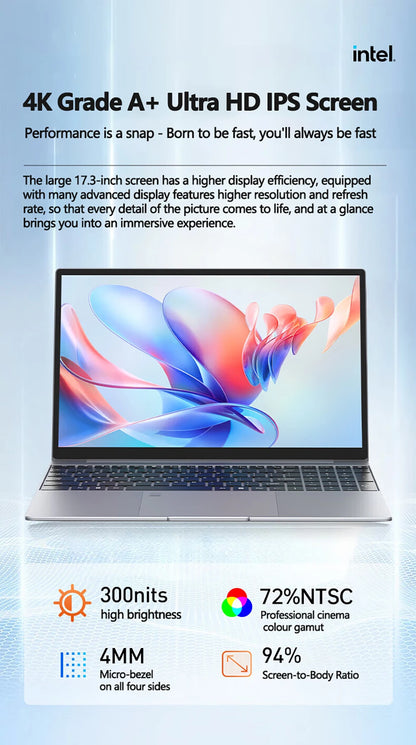 17.3 inch Intel N5095/N95 Office Laptop 32GB RAM 2TB SSD  Fingerprint Print DDR4 Window11 Backlit Keypad Portable Notebook PC