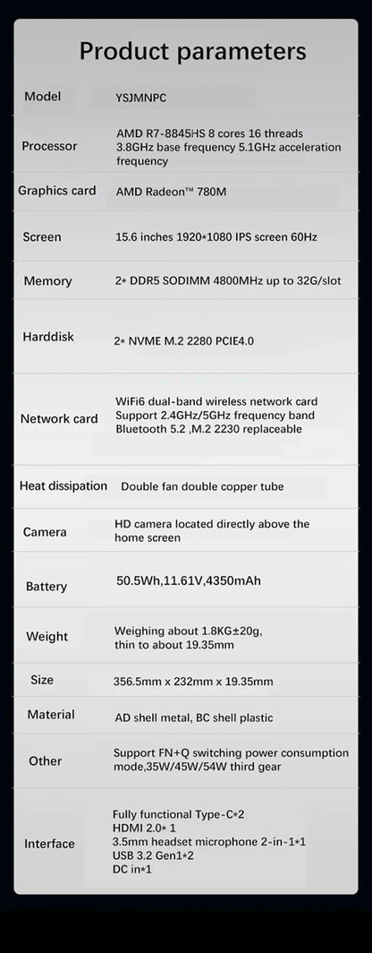 YSJMNPC New 15.6 Inch Gaming Laptop AMD Ryzen7 8845HS  2*DDR5 MAX 64GB Support 5600MHz 2*M.2 Nvme SSD Windows11 WIFI 6
