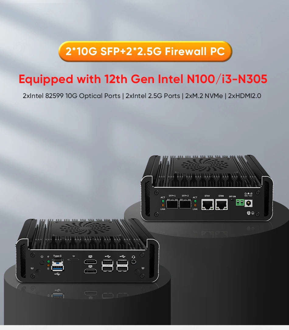 Topton 2x10G SFP Solid Firewall Router Intel i3 N355 N305 N150 2xi226-V 2.5G Mini PC 2xNVMe 2HD DDR5 pfSense Proxmox ESXi AES-NI