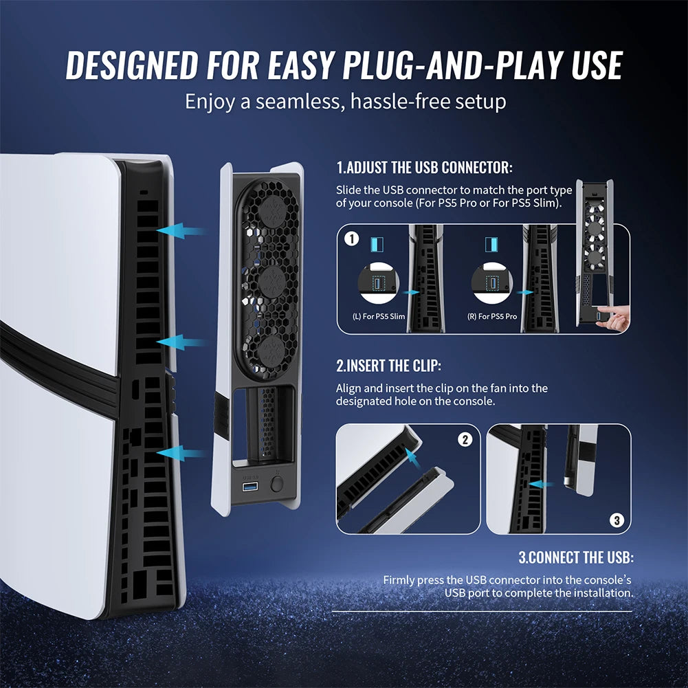 RGB Light Cooling Fan For PS5 Pro/PS5 Slim Console Quiet Cooling System with USB Port For PS 5 Pro/Slim Disc & Digital Edition