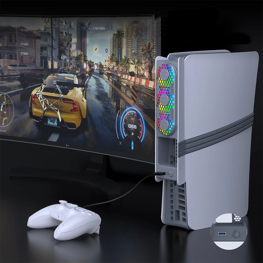 RGB Light Cooling Fan For PS5 Pro/PS5 Slim Console Quiet Cooling System with USB Port For PS 5 Pro/Slim Disc & Digital Edition
