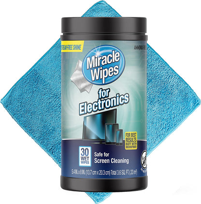 Miraclewipes for Electronics Cleaning - Screen Wipes Designed for TV, Phones, Monitors and More - Includes Microfiber Towel - (30 Count)