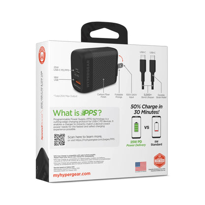 Hypergear Speedboost 25W USB-C PD + 12W USB Fast Wall Charger with PPS and 6Ft USB-C Cable