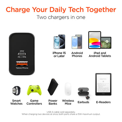 Hypergear Speedboost 25W USB-C PD + 12W USB Fast Wall Charger with PPS and 6Ft USB-C Cable